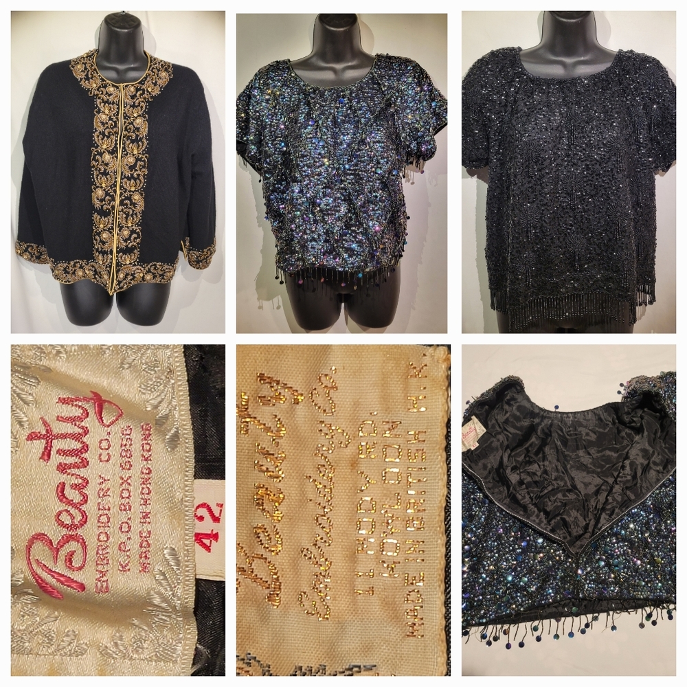 LOT of 3 Vintage Sm Womens Sequins & Beaded Top Short Sleeve Embellished tops